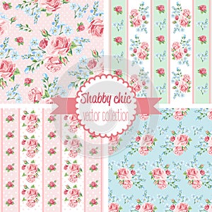 Shabby Chic Rose Patterns. Set seamless pattern. Vintage floral