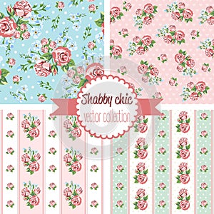 Shabby Chic Rose Patterns. Set seamless pattern. Vintage floral pattern, backgrounds.