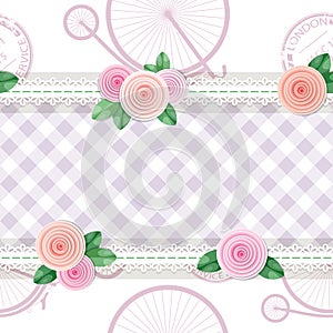 Shabby chic textile seamless pattern background. Girly. Different fabric pieces collage, decorated with lace and roses. Vector