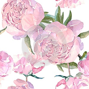 Shabby chic vintage peony seamless pattern, classic floral repeat background for web and print. Watercolor hand drawing