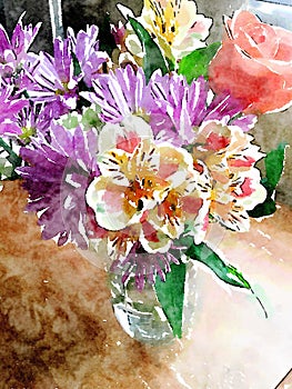 Shabby chic Watercolor illustration of vase of colorful flowers.