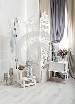 Shabby chic white room interior, wedding decor