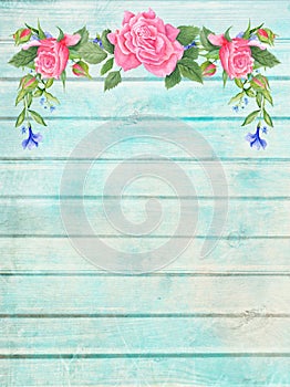 Shabby Chic Wood Background with Floral Vignette