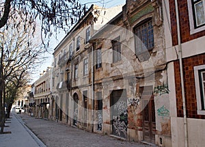 Shabby facades of old townhouses, along the Paco da Rainha, in the Arroios district, Lisbon, Portugal