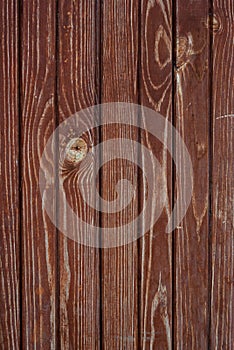 Shabby old fence of red-brown color, background of wooden boards, in the style of rustic, grunge