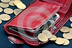 Shabby purse with coins