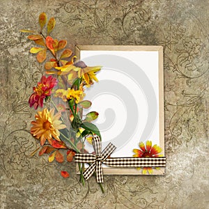 Shabby vintage background with flowers and a retro card with space for text or photo