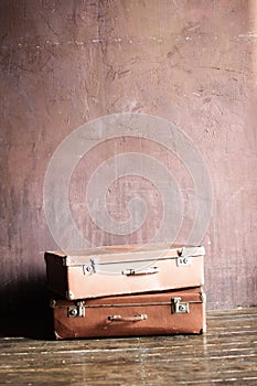 Shabby Vintage Stacked Ancient Suitcases Travel
