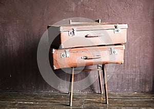 Shabby Vintage Stacked Ancient Suitcases Travel