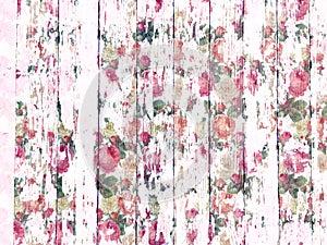 Shabby wood-grain texture white washed with distressed roses pattern