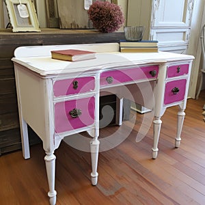 A shabbychic magenta painted writing desk with a distressed white finish. Trendy color of 2023 Viva Magenta.. AI