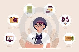 ShablonFlat about me concept with interests and hobbies Vector illustration