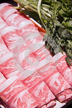 Shabu shabu hotpot Japanese`s style with pork slide and bacon