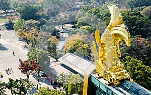 Shachi-Gawara statue at atop Osaka Castle in afternoon light.