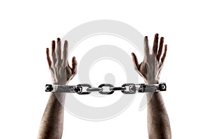 Shackled hands isolated on white background