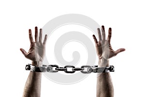 Shackled hands isolated on white background