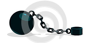 Shackles chain with weight metal ball vector concept isolated on white, concept of addiction or bad problems or debt, freedom and