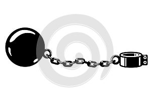 Shackles, gyve on chain with weight metal ball, prisoner fetter, encumbrance or debt concept