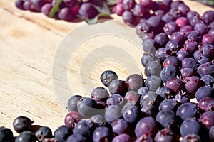 Shadberry scattered on an old table.