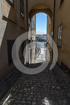 Shaded alleyway on Riddarholmen island Stockholm