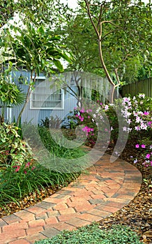 Shaded garden path photo