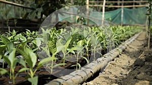 In a shaded greenhouse rows of young fruit saplings are nurtured and pruned to ensure optimal growth. This sustainable