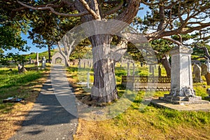 Shaded path through th cemetery of St. Tudno`s Church, Llandudno, Wales