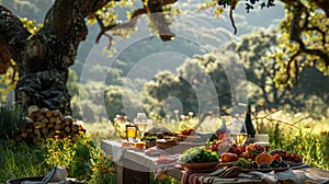 A shaded picnic under an oak tree featuring charcuterie, salads, and desser