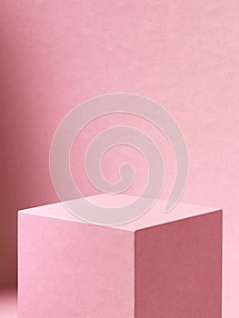 Shaded pink cube pedestal. 3d computer graphic template of displaying place for your products