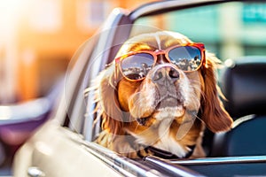 With shades on, a joyful dog watches the road from the car\'s window during the ride photo