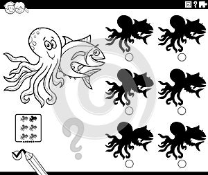 shadow activity with cartoon octopus and tuna fish coloring page