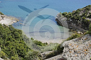 Shadow of airplane over the sea. Travel and beach vacation concept. Travel freedom concept