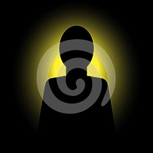 Shadow anonymous human. Abstract black silhouette unknown man in clothes with without face on background of yellow light.