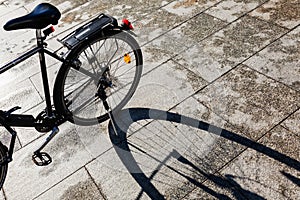 Shadow of a bicycle wheel on the pavement