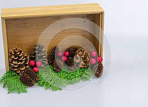 A shadow box with pine cones on greenery