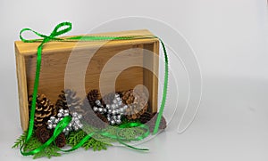 A shadow box with pine cones on greenery