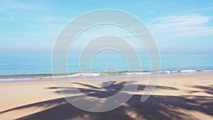 Shadow of coconut tree in sandy beach and blue sky white clouds beach background in summer sunny season. bright sunshine at the