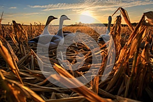 shadow of a flock of geese on a sunlit wheat field