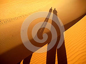 Shadow of the friends on golden sand dunes (Sahara desert)