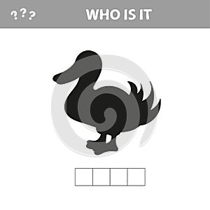 Shadow game. The Cute Cartoon Duck. Educational Game for Kids. Vector