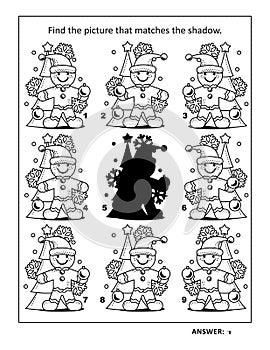 Shadow game with cute gingerbread man decorating christmas tree: Find the picture that matches the shadow.