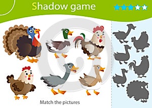 Shadow Game for kids. Match the right shadow. Color images of farm animals. Poultry. Turkey, goose, duck, Drake, hen, rooster.