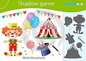 Shadow Game for kids. Match the right shadow. Color image of circus, clown, balloons, lollipop, hat with magic wand. Worksheet