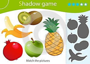 Shadow Game for kids. Match the right shadow. Color image of fruits. Banana, garnet, apple, pineapple, kiwi. Worksheet vector