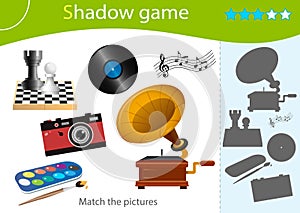 Shadow Game for kids. Match the right shadow. Color image of paints, chess, gramophone, photo camera. Hobbies. Worksheet vector