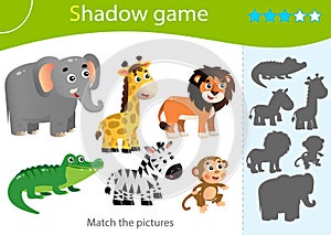 Shadow Game for kids. Match the right shadow. Color images of animals of Africa. Zebra, crocodile, giraffe, monkey, lion, elephant