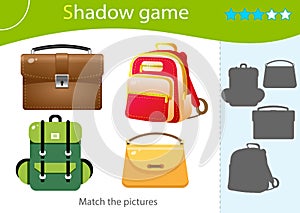 Shadow Game for kids. Match the right shadow. Color images of bags. Backpack, handbag, briefcase, satchel. Worksheet vector design