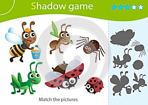 Shadow Game for kids. Match the right shadow. Color images of cartoon insects. Worker ant, grasshopper, spider, ladybug and bee.