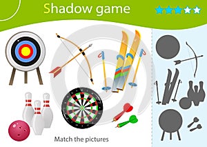 Shadow Game for kids. Match the right shadow. Color images of sports equipment. Skiing, archery, darts, bowling. Worksheet vector