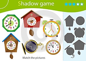 Shadow Game for kids. Match the right shadow. Color images of watches. Alarm clock, wall clock with cuckoo, electronic timepiece,